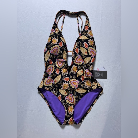 Vince Camuto Floral Swimsuit with Gold Accent Open Back sz 10 NWT - Picture 1 of 9